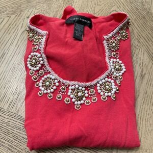 Cable & Gauge Size Small Coral‎ Red Beaded Embellished Short Sleeve Knit Top